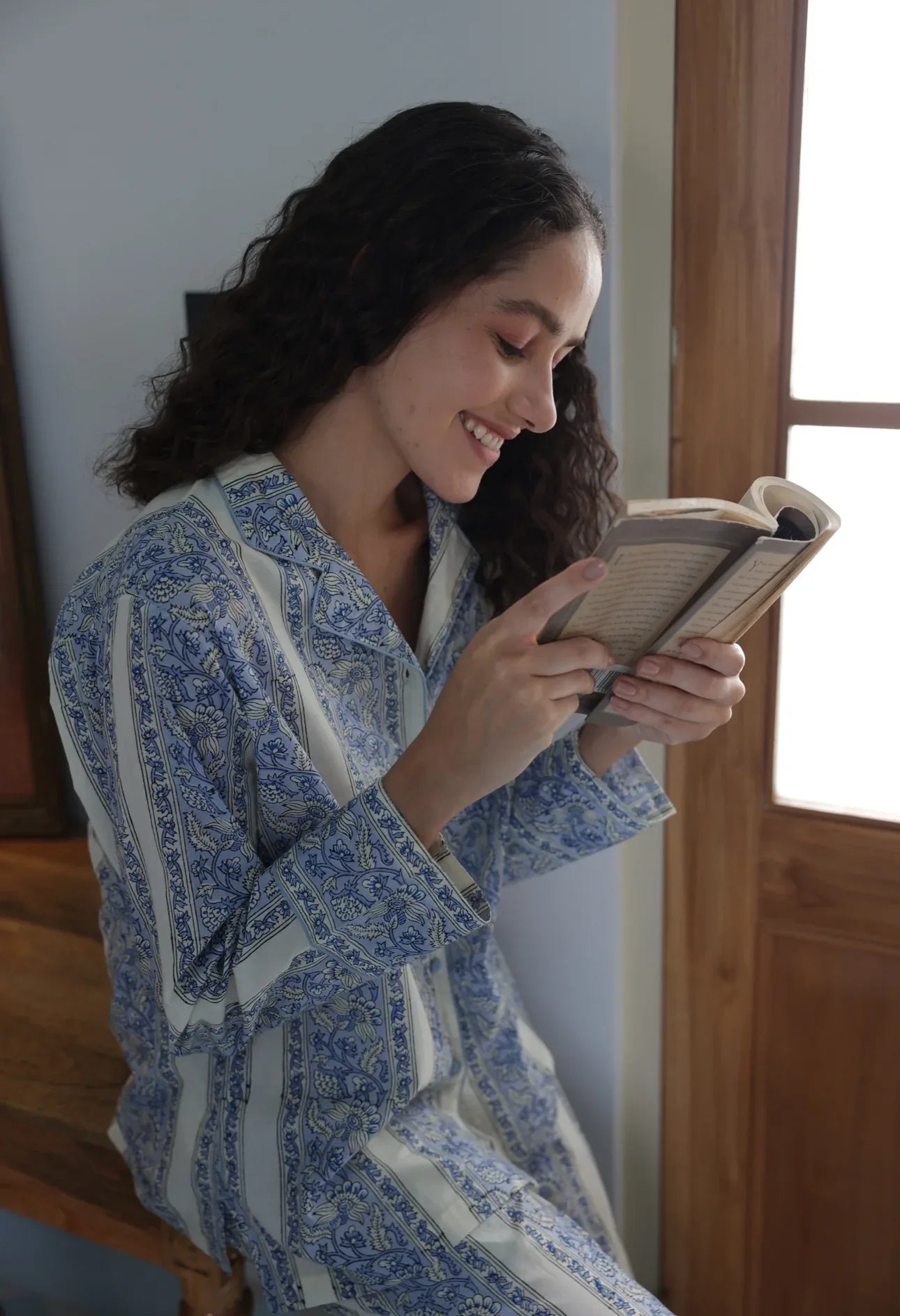 Cornflower meadow print pyjamas lifestyle shot - luxury cotton sleepwear by Mooch Cotswolds