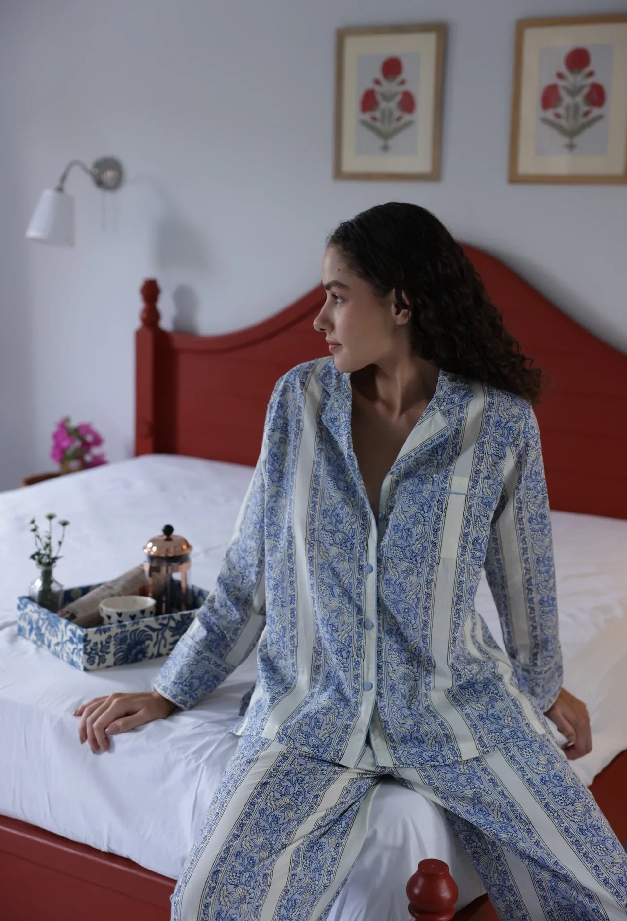 Luxury cornflower meadow print pyjamas styled - Mooch Cotswolds sleepwear