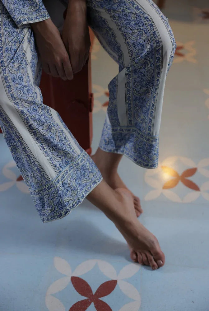 Block printed cotton pyjamas detail - Cornflower Meadow pattern