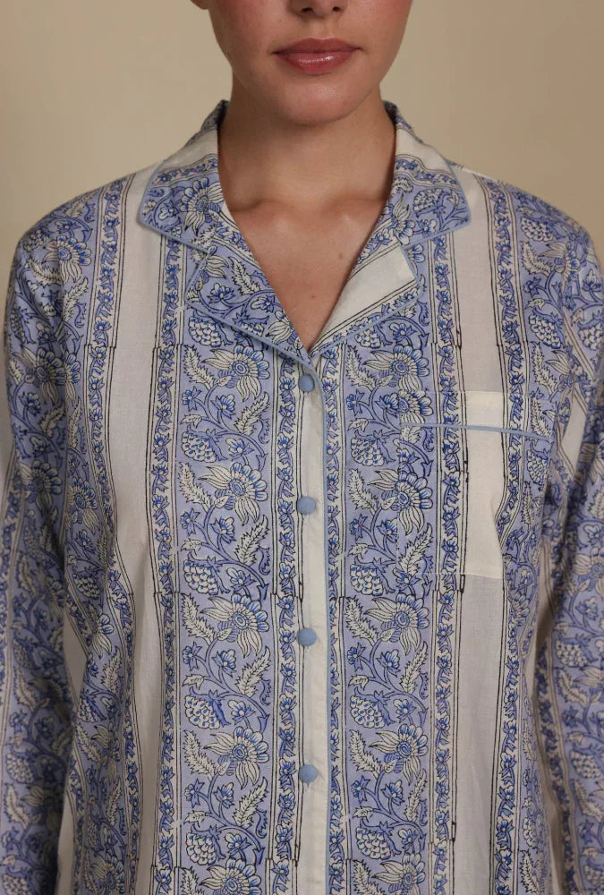 Hand-printed cornflower meadow cotton pyjamas - close up of floral print detail