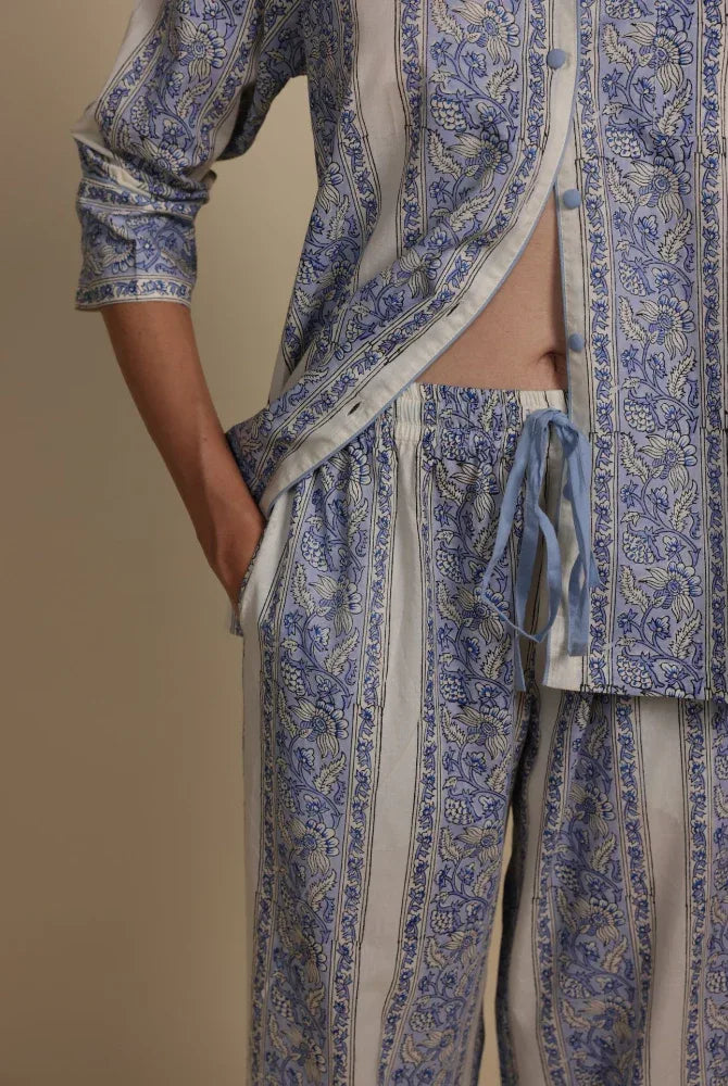 Cotton pyjama trousers in cornflower meadow print with elastic waist by Mooch Cotswolds