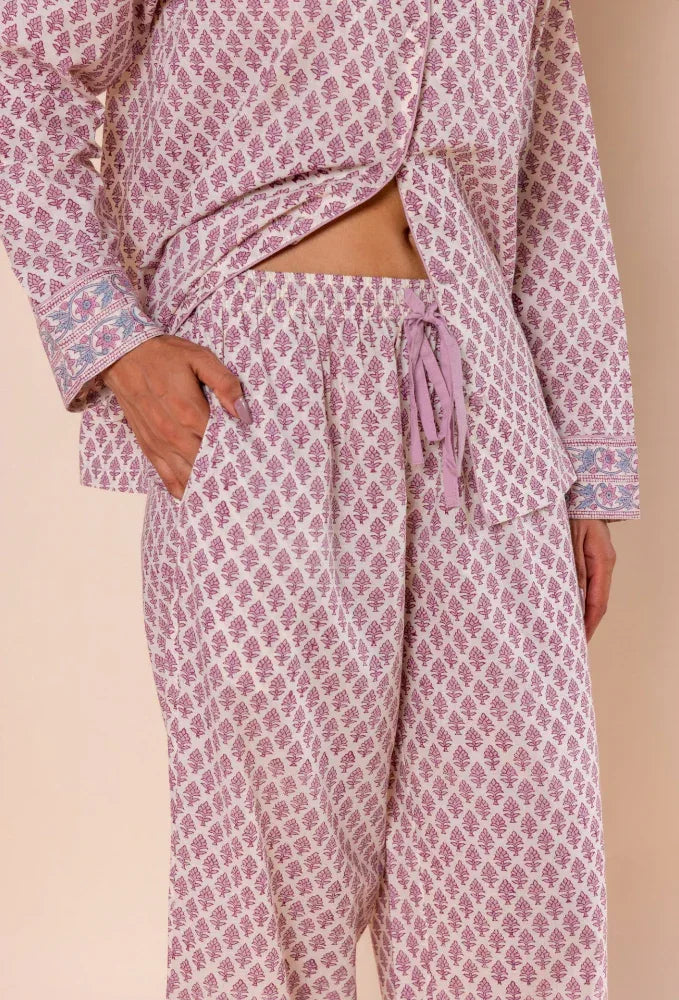 Cotton pyjama trousers in ditsy shadow print with elastic waist by Mooch Cotswolds