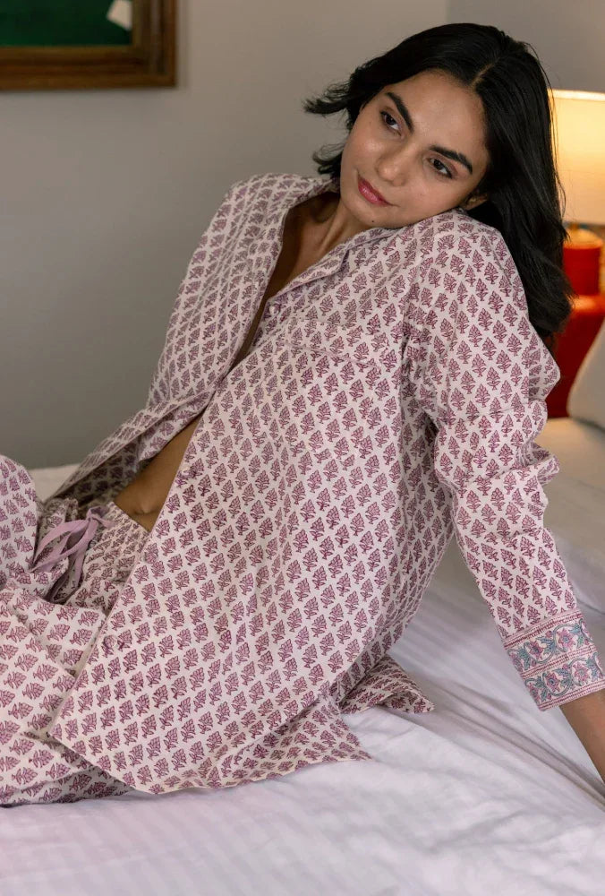 Luxury ditsy shadow print pyjamas styled - Mooch Cotswolds sleepwear