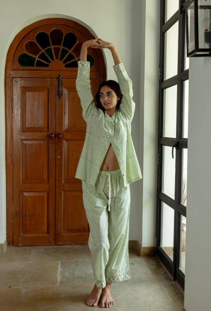 Ditsy Haze cotton pyjamas front view - Cotswolds sleepwear