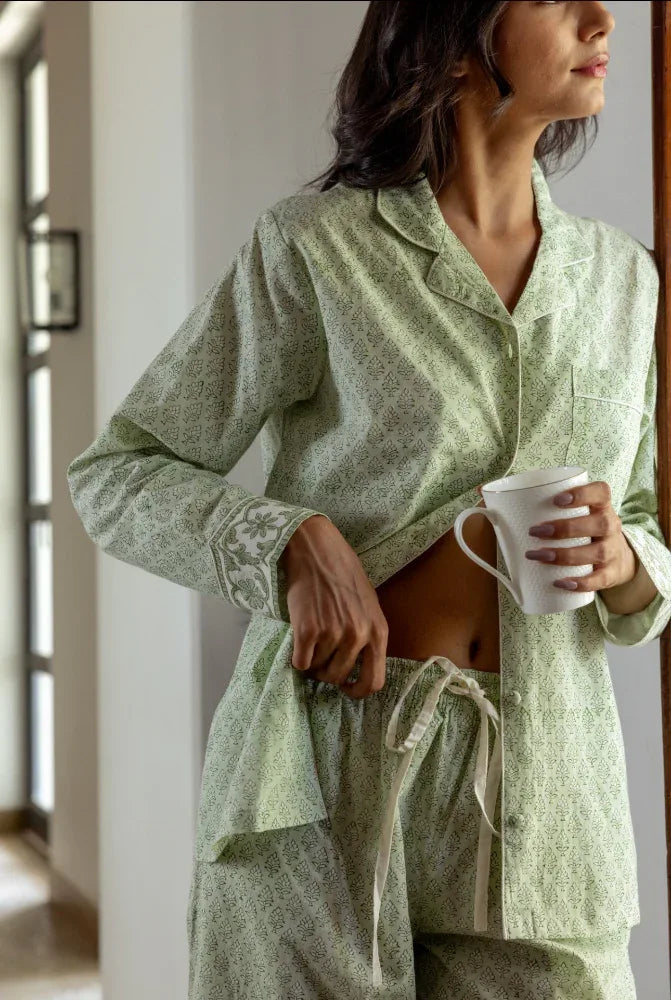 Hand-printed cotton pyjama top with chest pocket - ditsy haze by Mooch Cotswolds