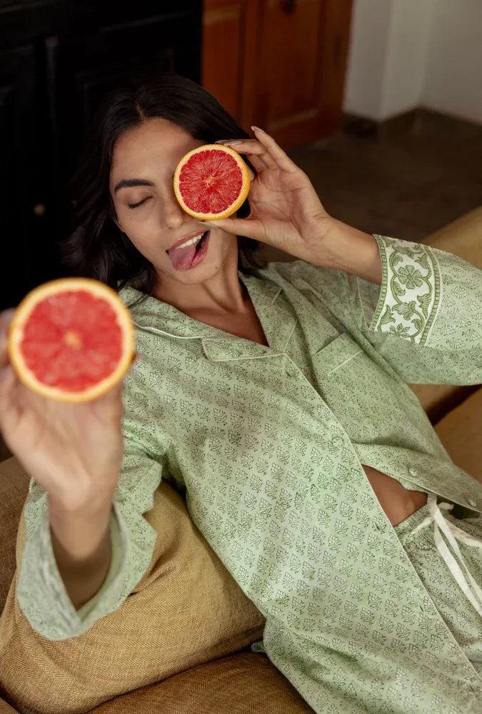 Luxury ditsy haze print pyjamas styled - Mooch Cotswolds sleepwear