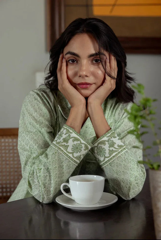 Hand-printed ditsy haze cotton pyjamas - close up of floral print detail