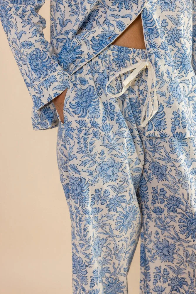 Cotton pyjama trousers in china blue print with elastic waist by Mooch Cotswolds