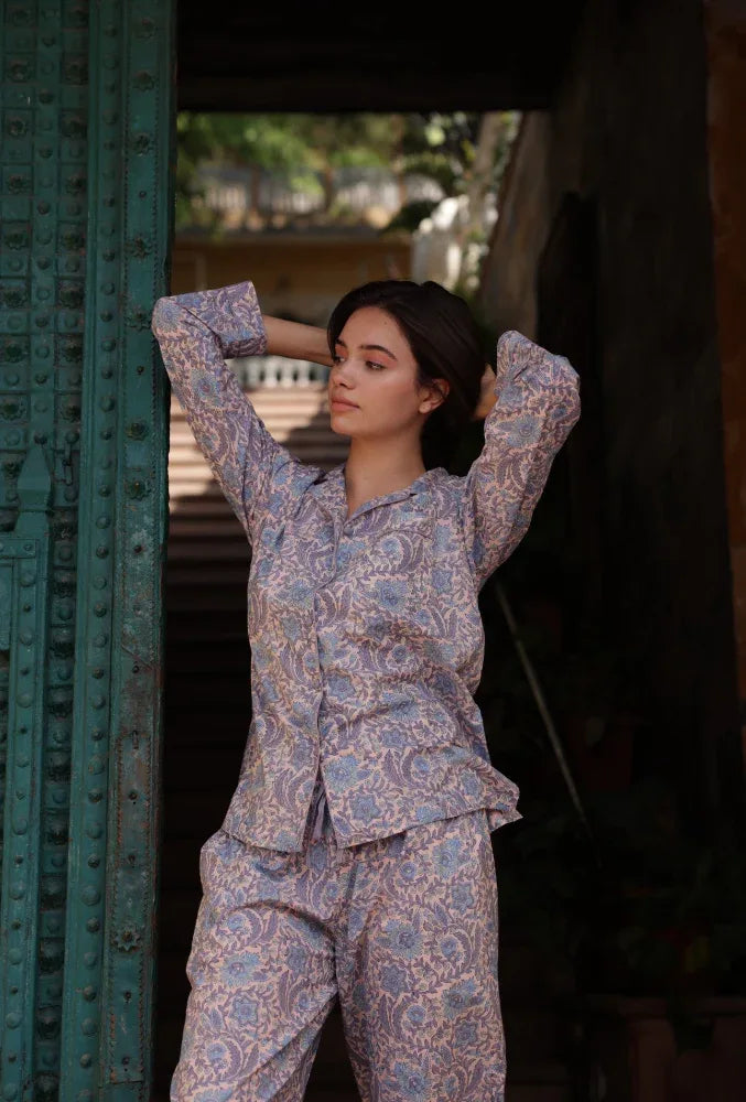 Snowshill Lavender cotton pyjamas front view - Cotswolds sleepwear