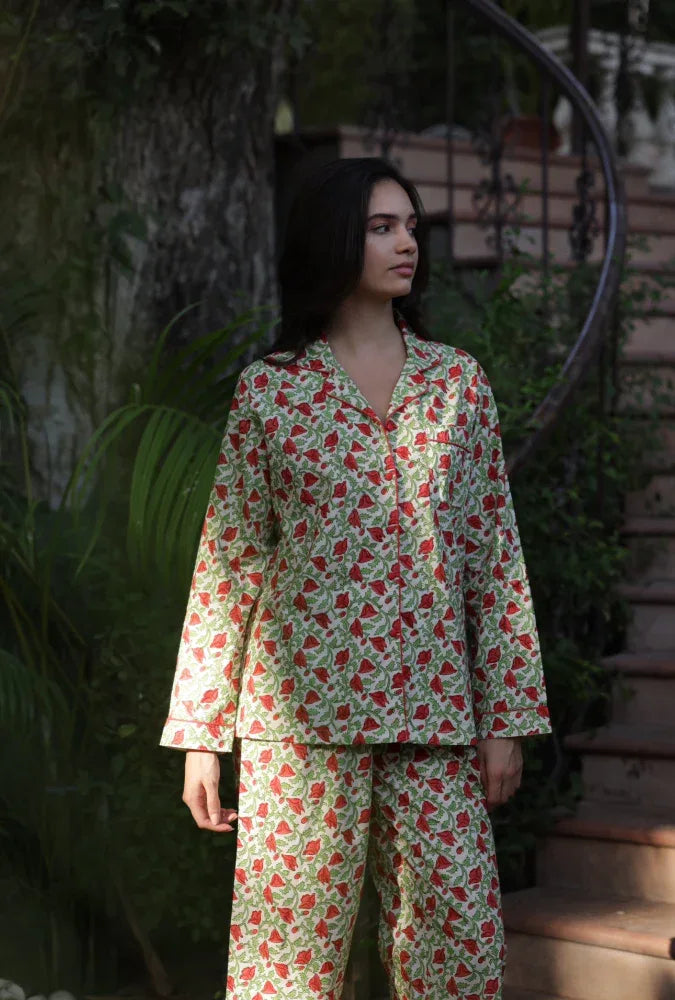 Hicks Scarlet cotton pyjamas front view - Cotswolds sleepwear