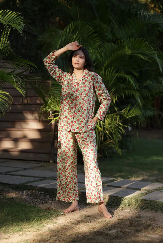 Luxury cotton pyjamas in hicks scarlet print - Hicks Scarlet by Mooch Cotswolds