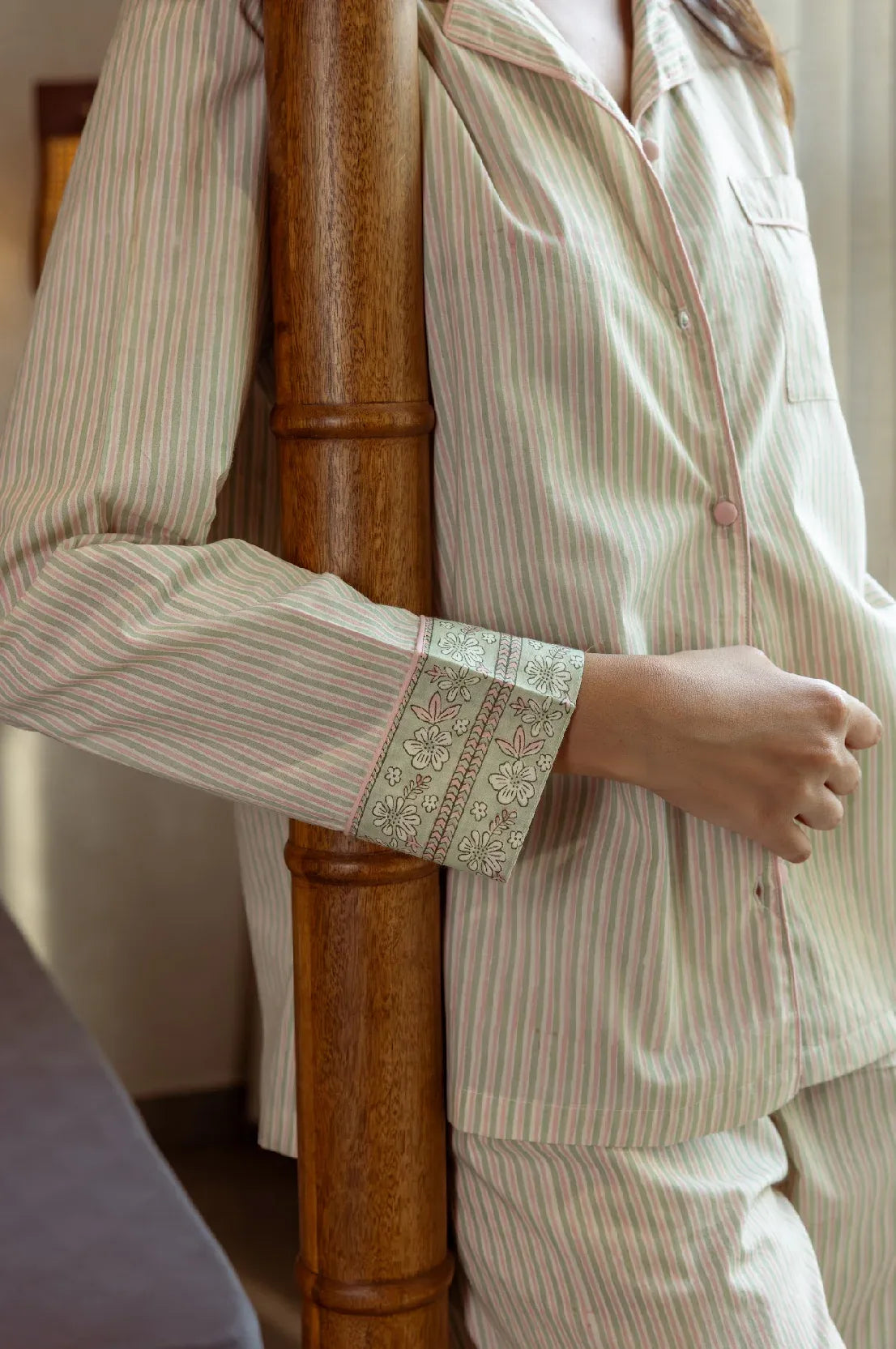 Block printed cotton pyjamas detail - Candy Sage Stripe pattern