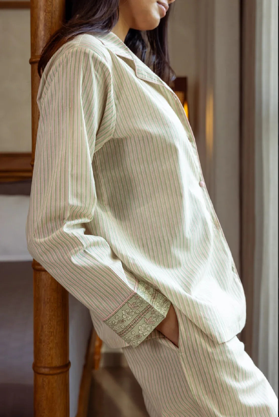 Candy Sage Stripe pyjamas side view - luxury cotton nightwear by Mooch Cotswolds