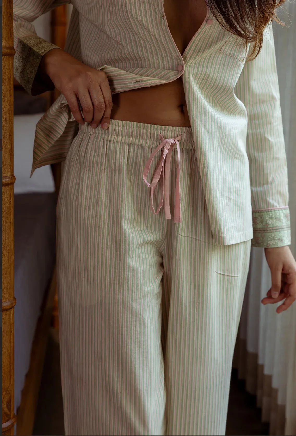 Candy Sage Stripe cotton pyjamas front view - Cotswolds sleepwear