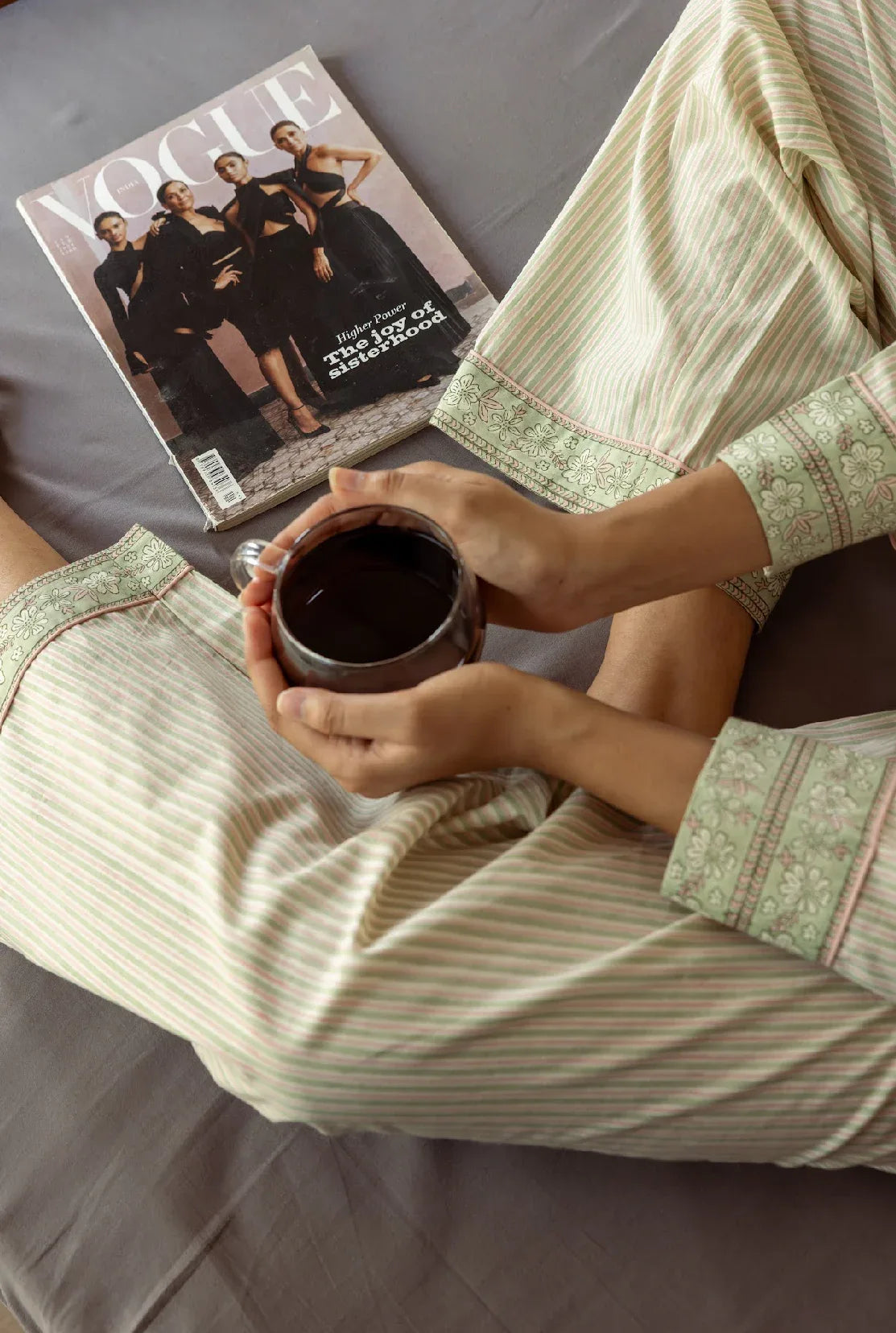 Luxury candy sage stripe pyjamas styled - trim showing Mooch Cotswolds sleepwear