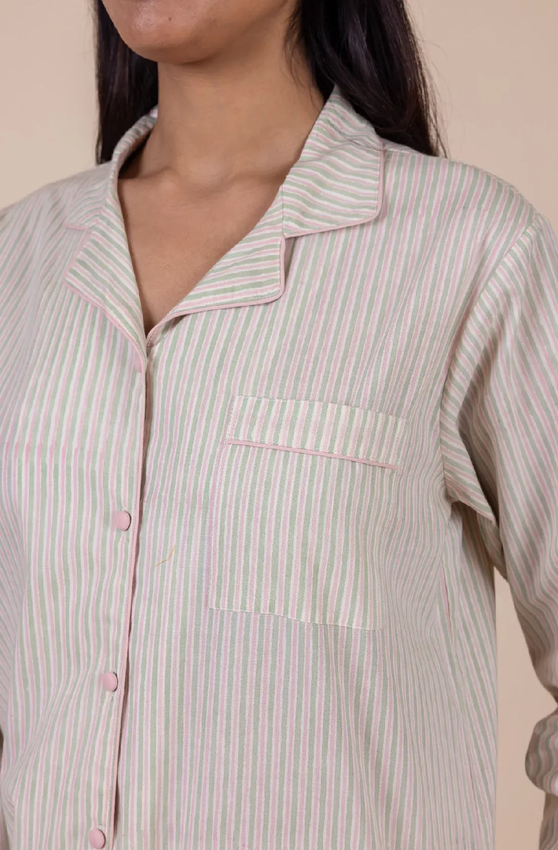 Hand-printed cotton pyjama top with chest pocket - candy sage stripe by Mooch Cotswolds