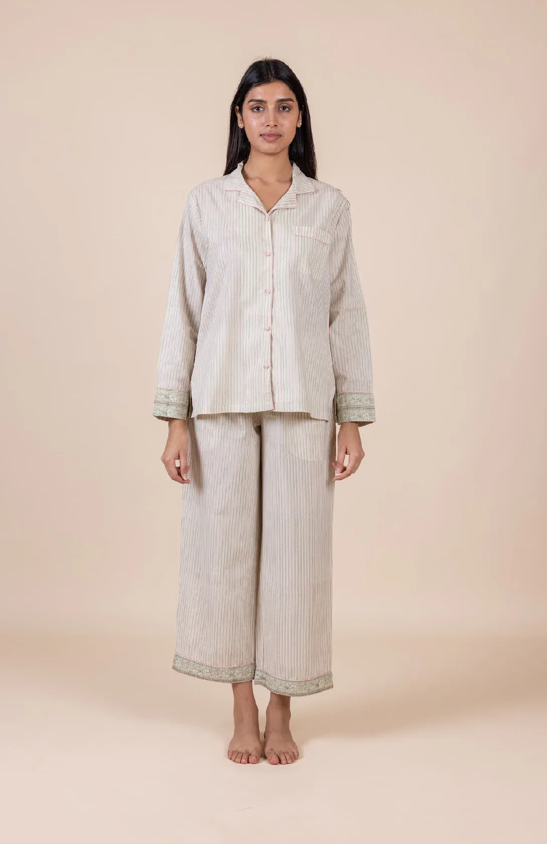 Candy Sage Stripe cotton pyjamas front view - Cotswolds sleepwear