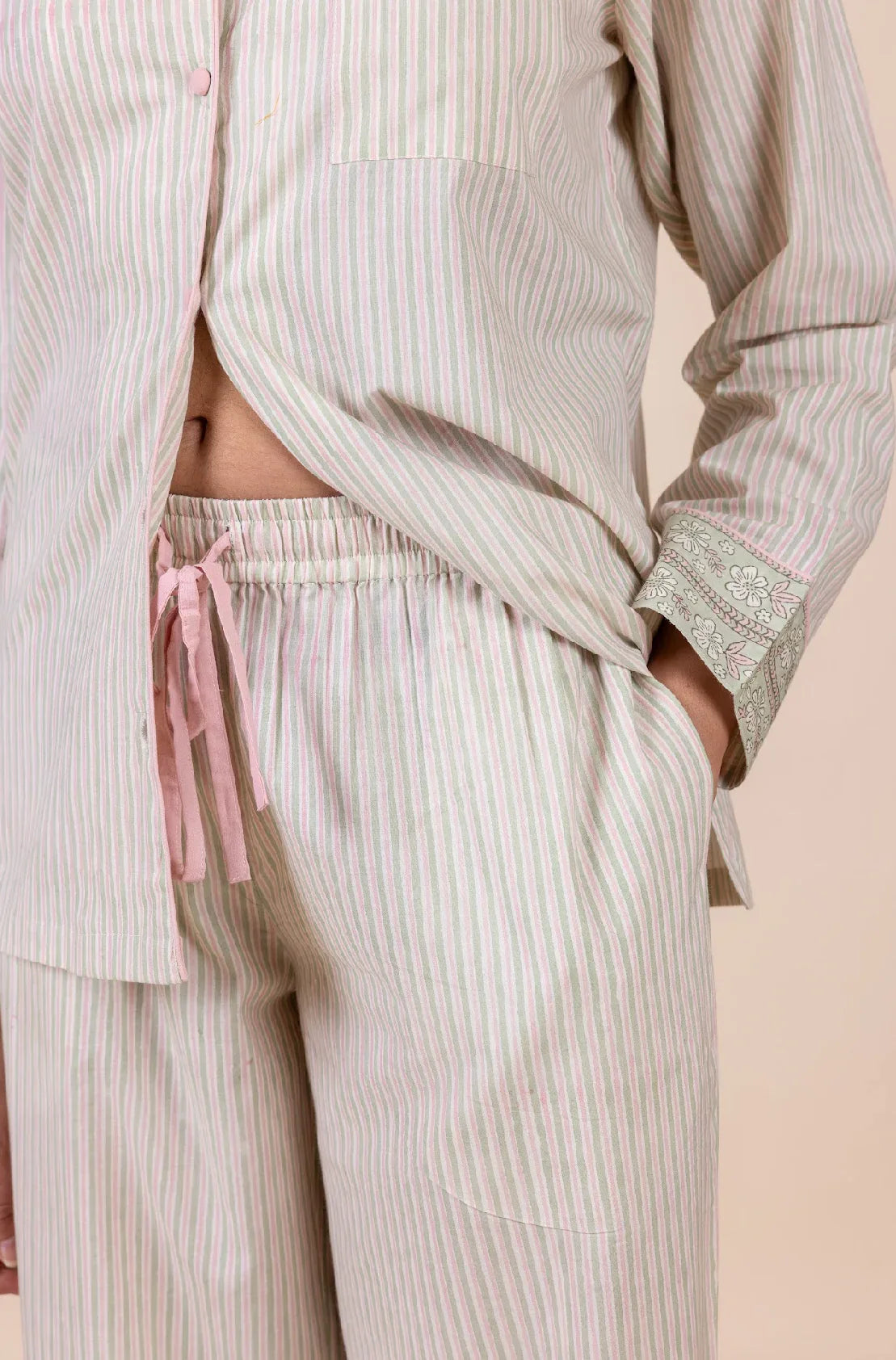 Hand-printed candy sage stripe cotton pyjamas - close up of stripe detail