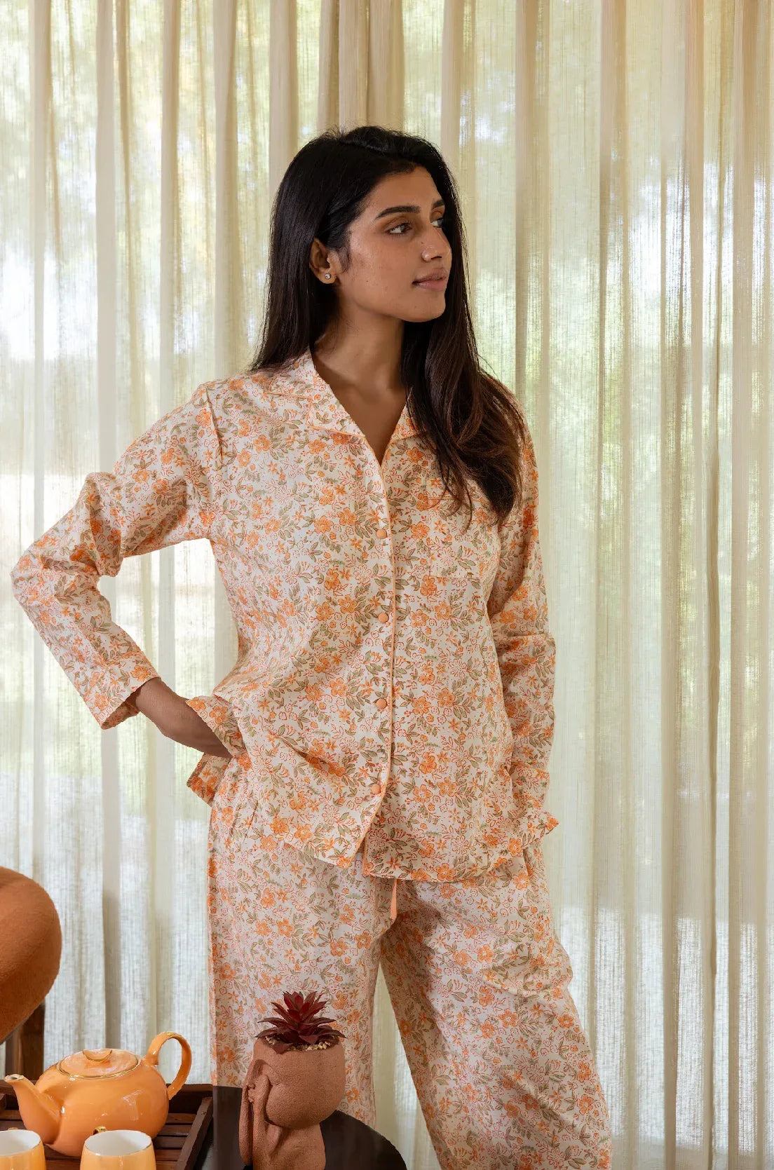 Dovers Blossom pyjamas front closer view - luxury cotton nightwear by Mooch Cotswolds