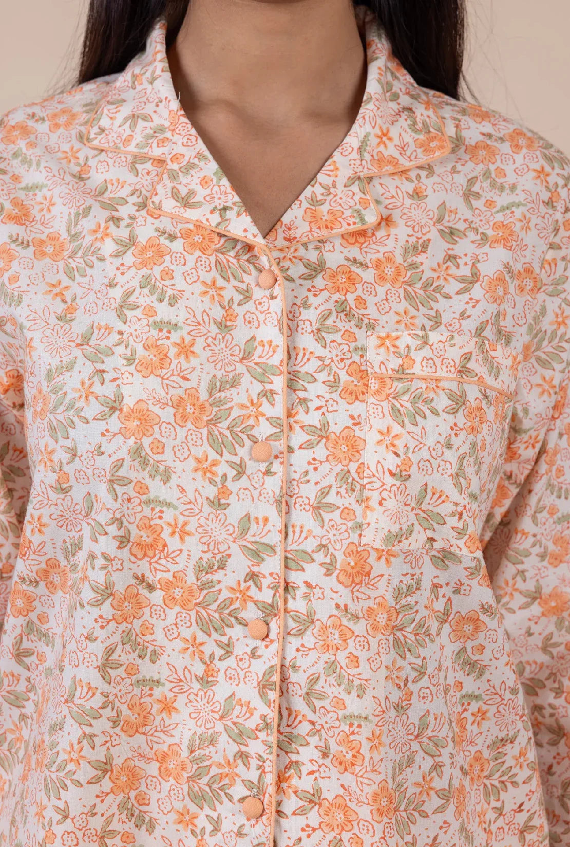 Hand-printed blossom pyjamas - close up of block print detail by Mooch Cotswolds