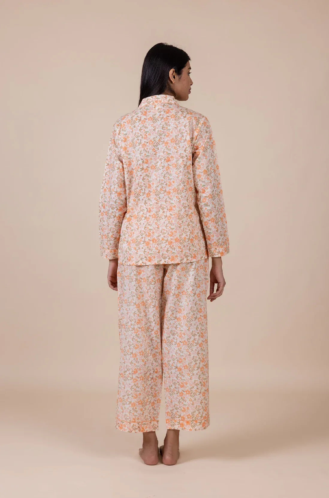 Dovers Blossom cotton pyjamas - hand-printed luxury sleepwear back view