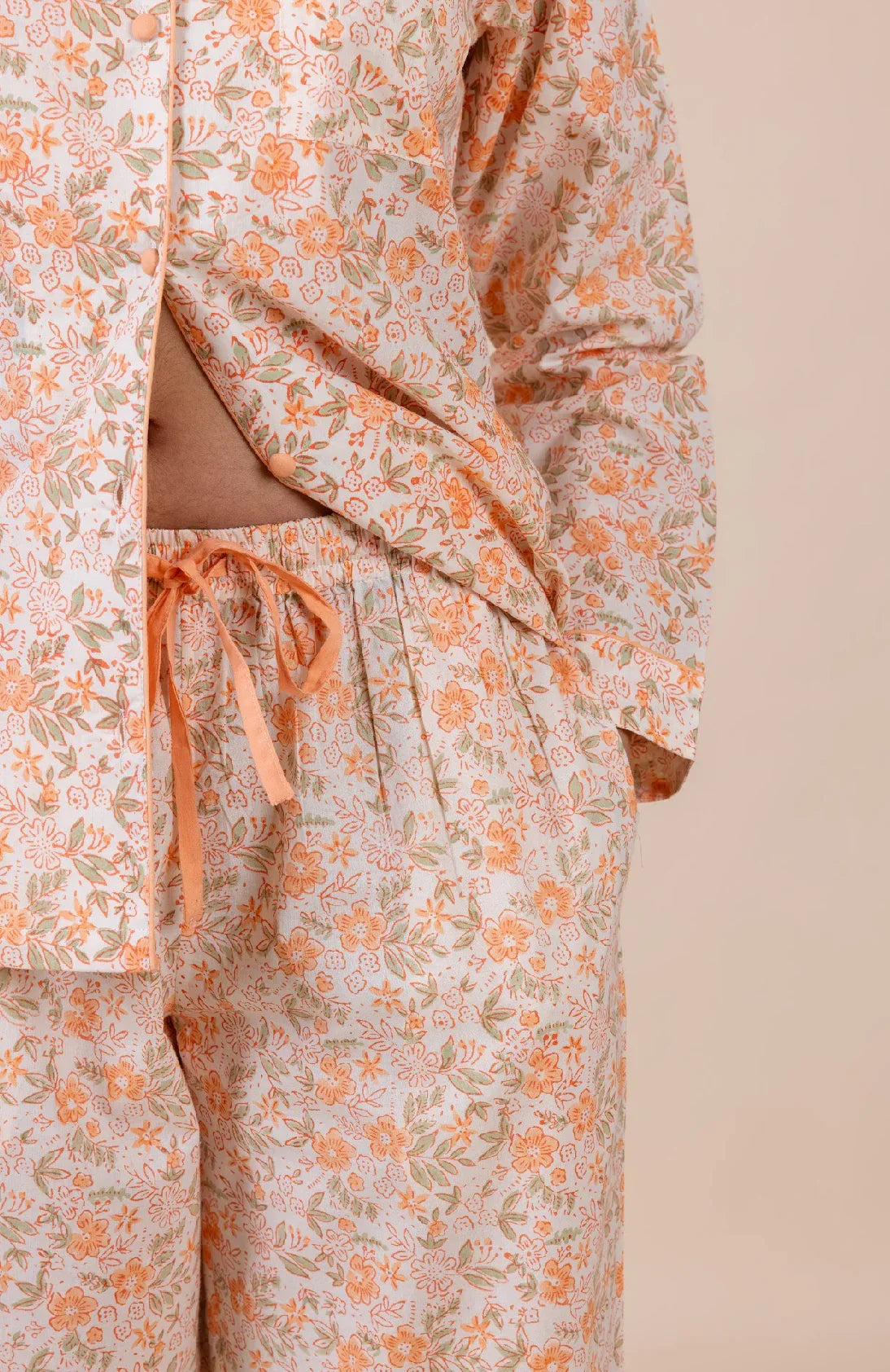 Hand-printed blossom cotton pyjamas - close up of block print detail by Mooch Cotswolds