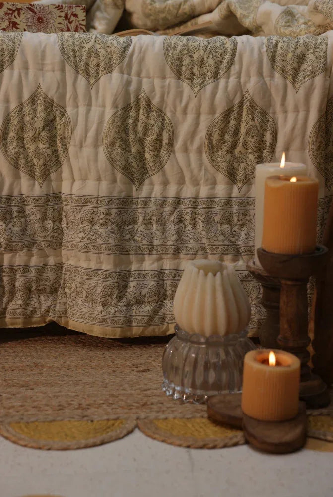 Kiftsgate stone quilted bedspread with candles