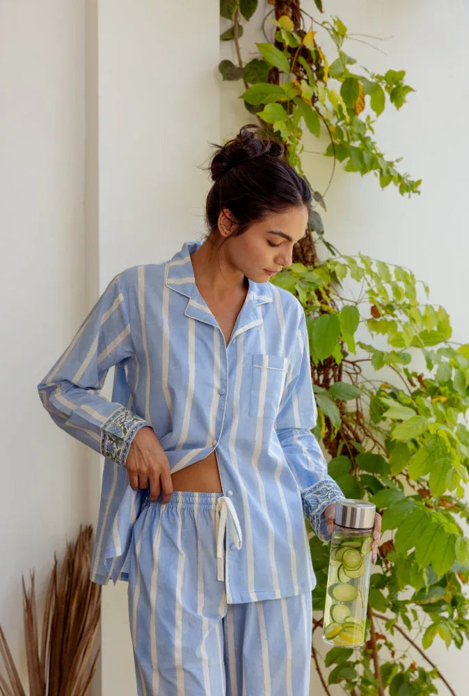 Luxury cotton pyjamas in ocean stripe - Ocean Stripe by Mooch Cotswolds