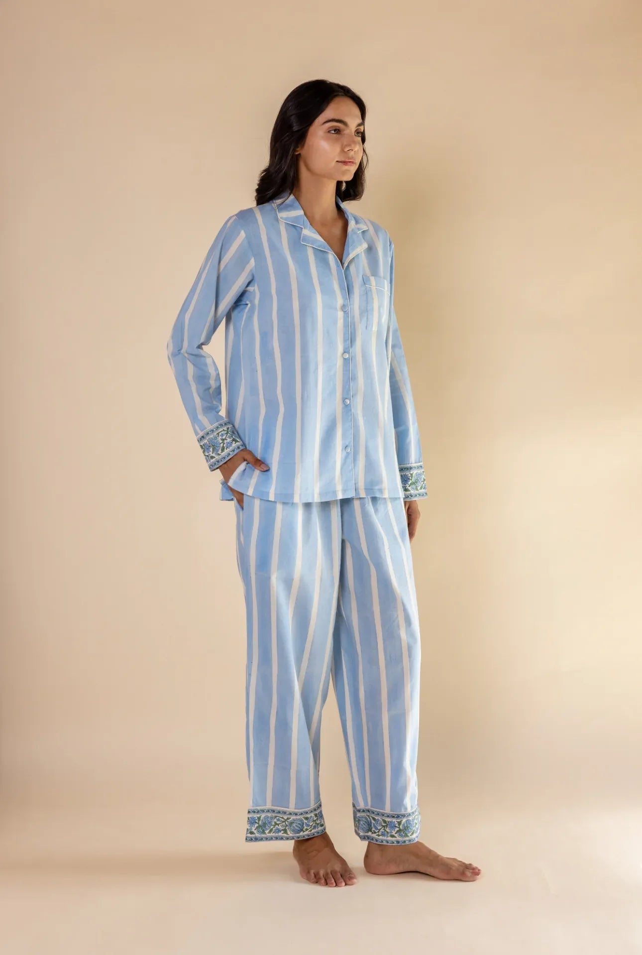 Ocean Stripe cotton pyjamas front view - Cotswolds sleepwear