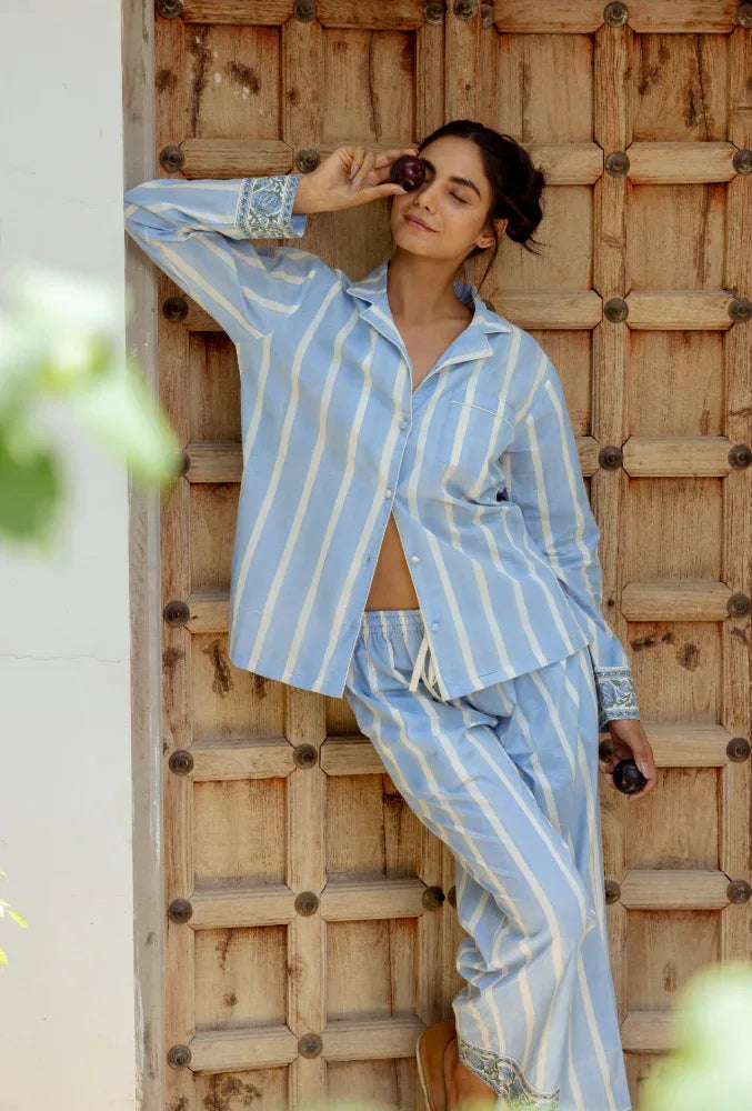 Cotton pyjama trousers in ocean stripe with elastic waist by Mooch Cotswolds