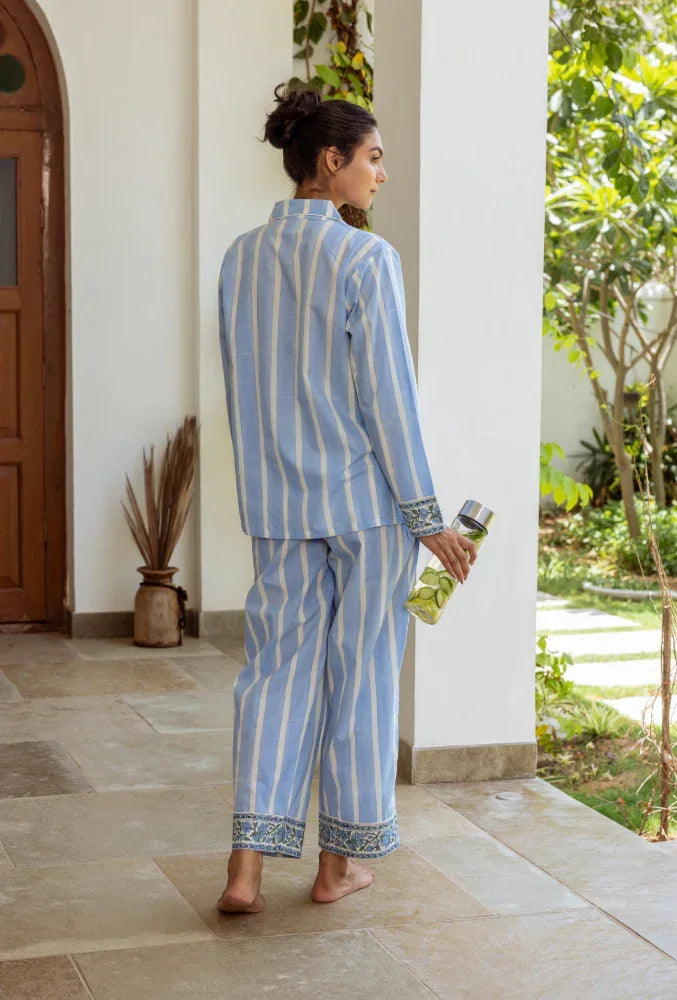 Ocean Stripe pyjamas back view - luxury cotton nightwear by Mooch Cotswolds