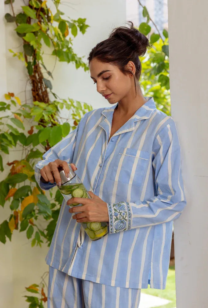 Luxury ocean stripe pyjamas styled - Mooch Cotswolds sleepwear