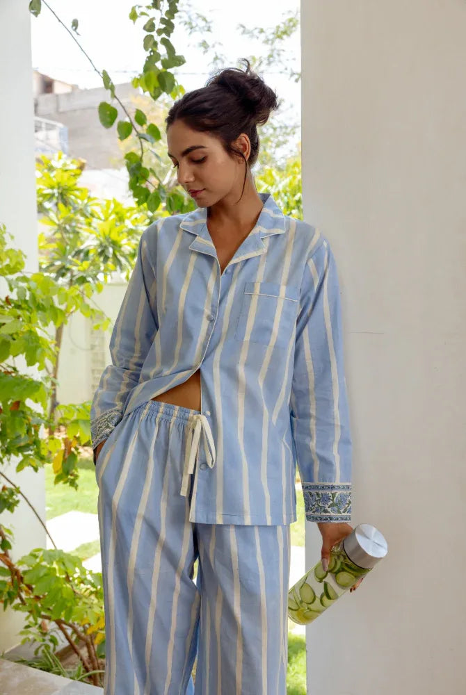 Block printed cotton pyjamas detail - Ocean Stripe pattern