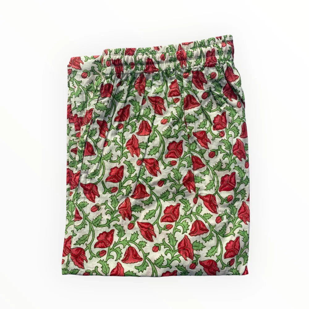 Cotton pyjama trousers in hicks scarlet print with elastic waist by Mooch Cotswolds