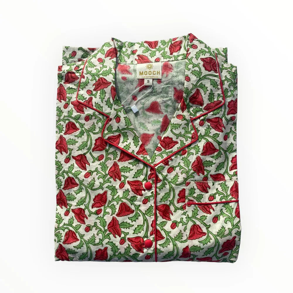 Hand-printed cotton pyjama top with chest pocket - hicks scarlet by Mooch Cotswolds