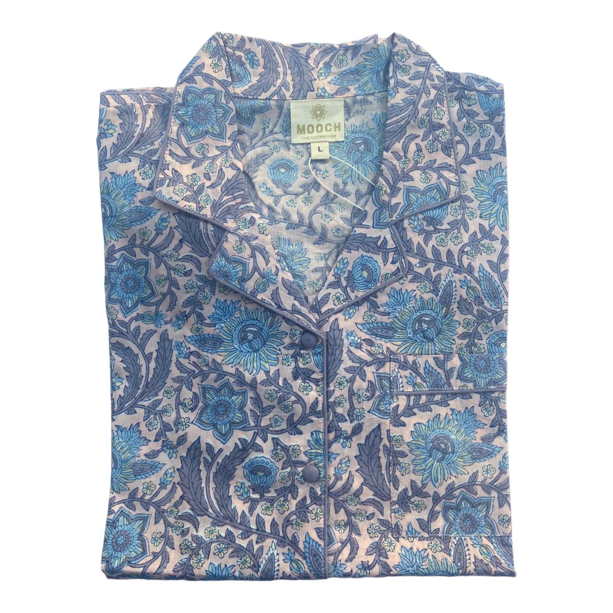 Hand-printed cotton pyjama top with chest pocket - snowshill lavender by Mooch Cotswolds