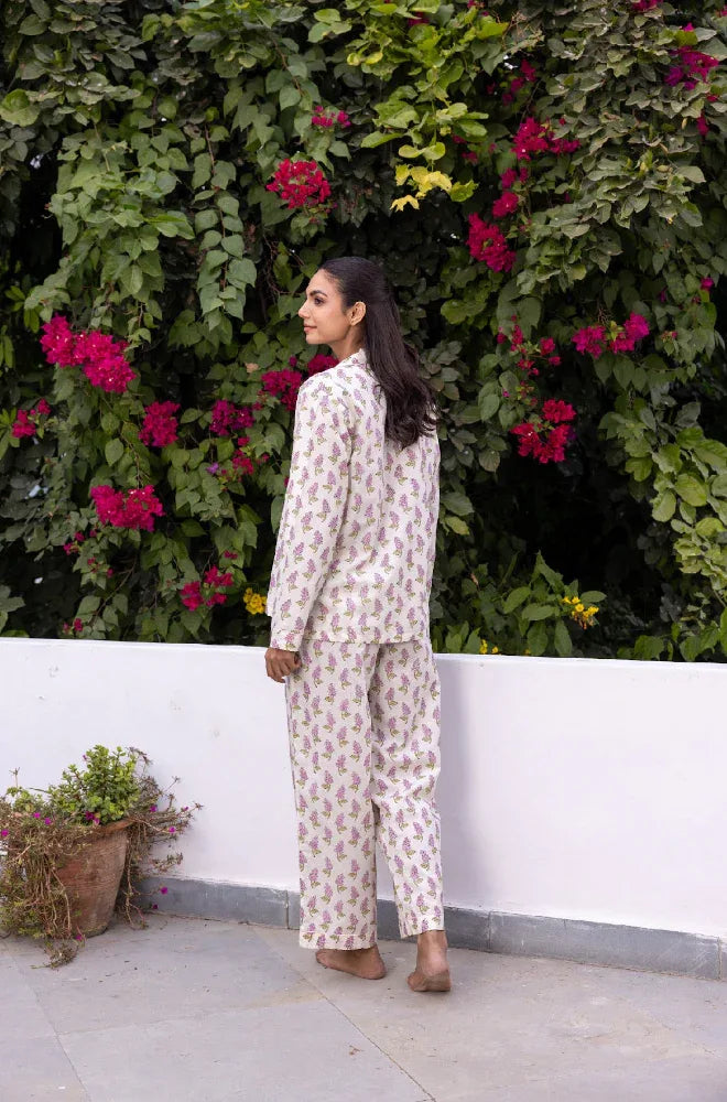 Veronica Mauve pyjamas back view - luxury cotton nightwear by Mooch Cotswolds