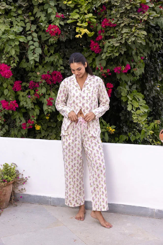 Veronica Mauve cotton pyjamas front view - Cotswolds sleepwear