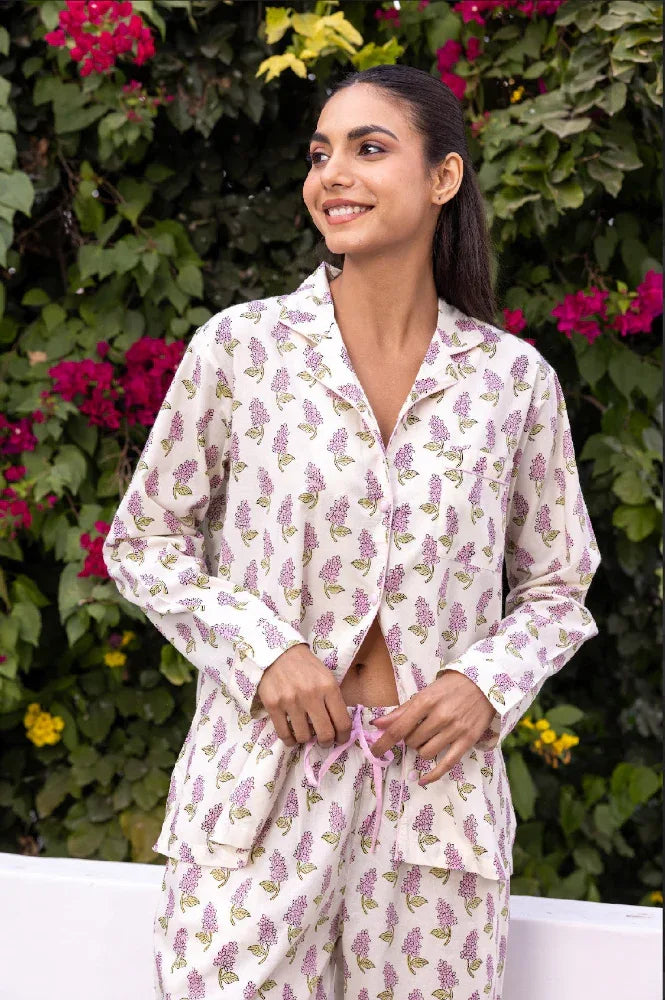 Luxury cotton pyjamas in mauve print - Veronica Mauve by Mooch Cotswolds