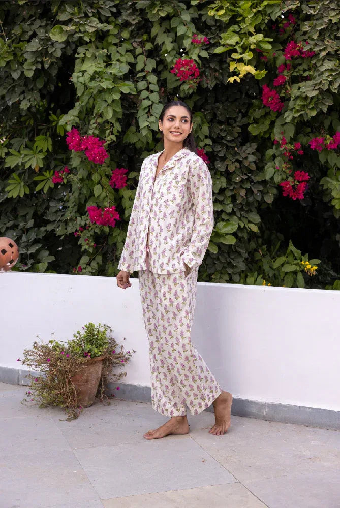 Luxury mauve print pyjamas styled - Mooch Cotswolds sleepwear