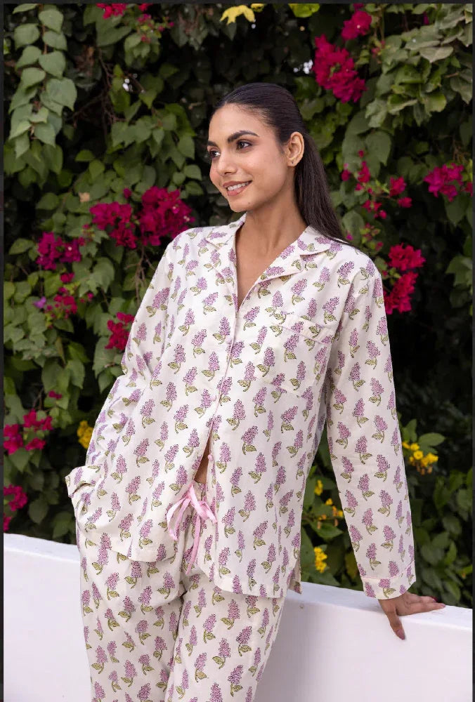 Block printed cotton pyjamas detail - Veronica Mauve pattern