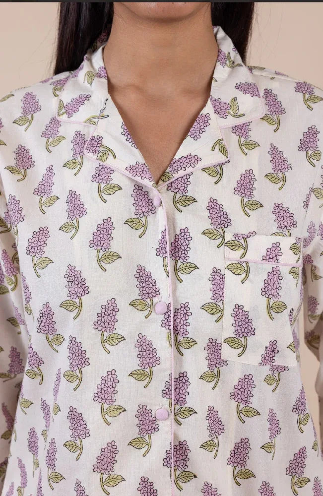 Hand-printed cotton pyjama top with chest pocket - mauve print by Mooch Cotswolds