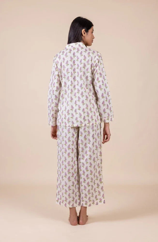 Veronica Mauve pyjamas back view - luxury cotton nightwear by Mooch Cotswolds