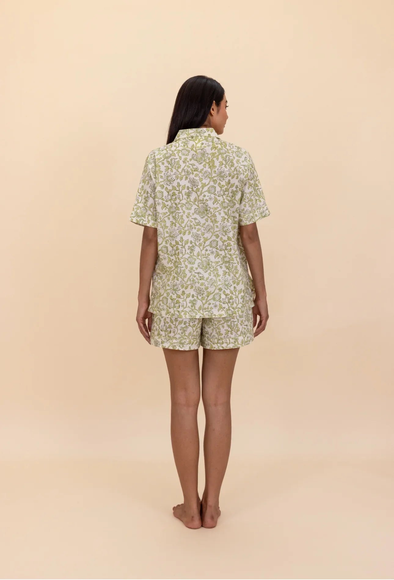 Back of model wearing Westington Sage Cotton Pyjamas