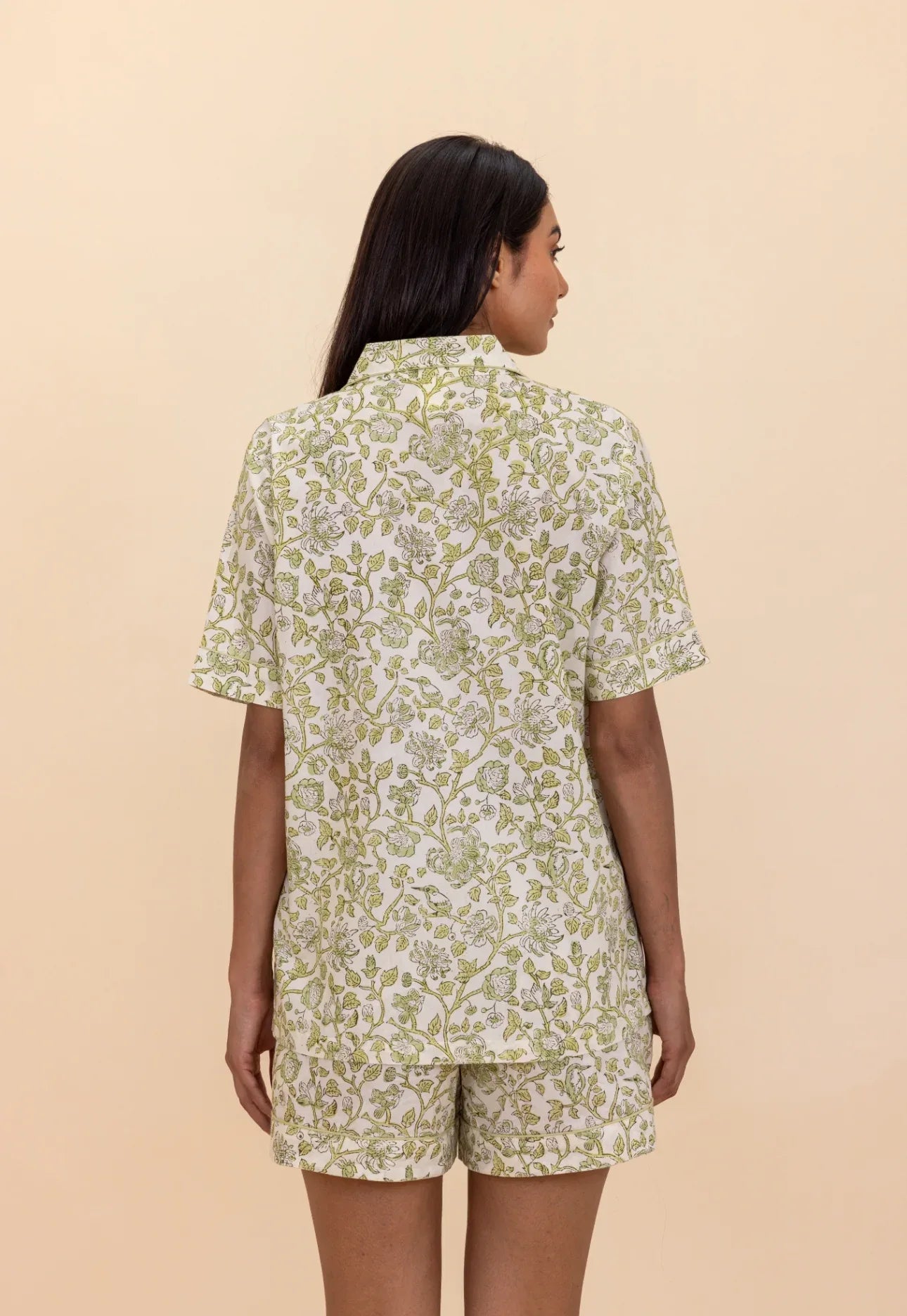 Close-up of back of model wearing Westington Sage Cotton Pyjamas