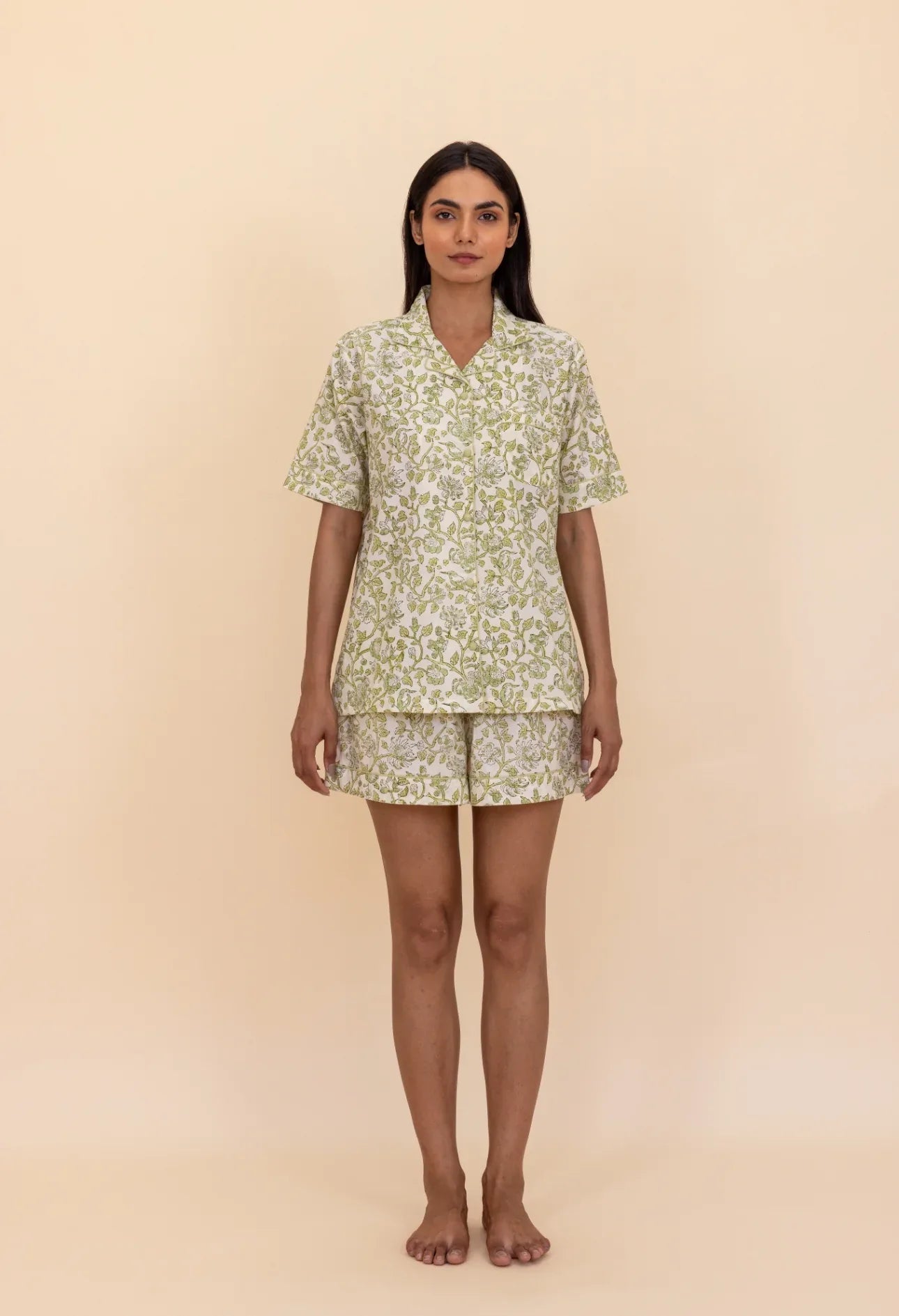 Model wearing Westington Sage Cotton Pyjamas