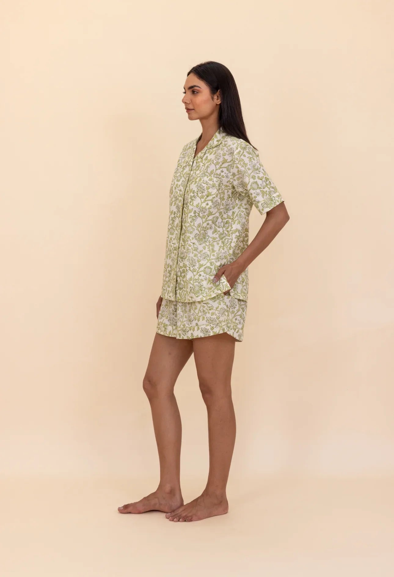 Side of model wearing Westington Sage Cotton Pyjamas