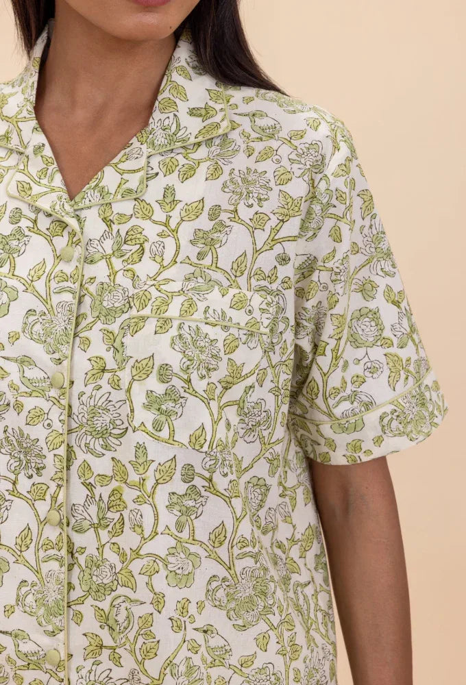 Close-up of model wearing Westington Sage Cotton Pyjama Top
