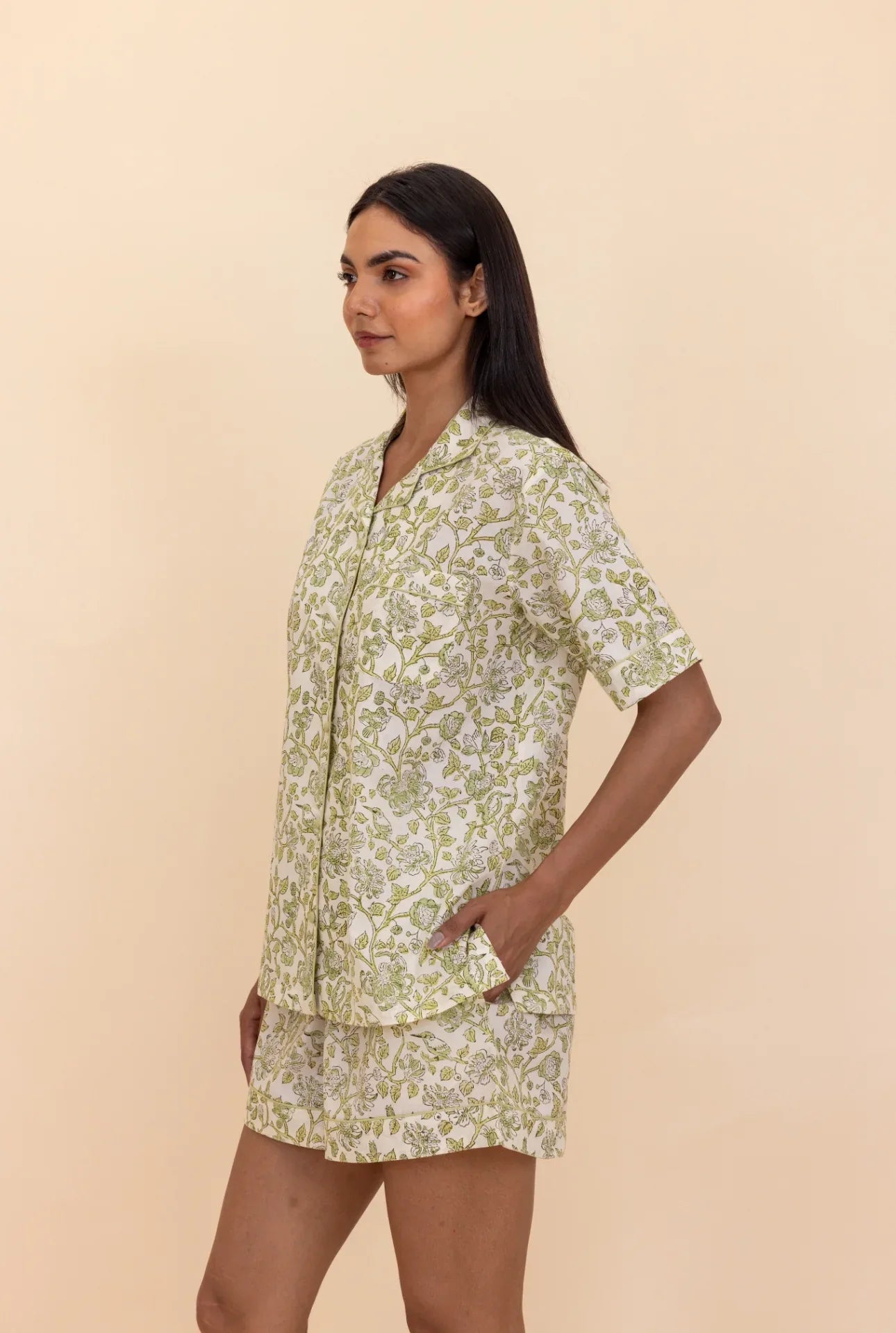 Side of model wearing Westington Sage Cotton Pyjamas