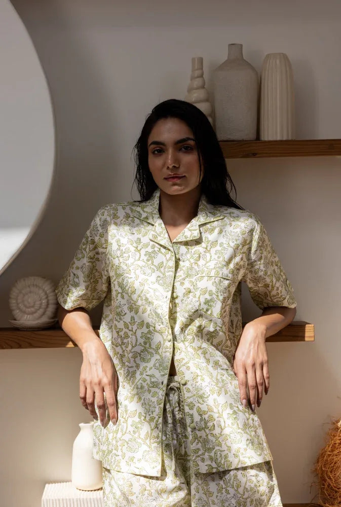 Model wearing Westington Sage Cotton Pyjama Top